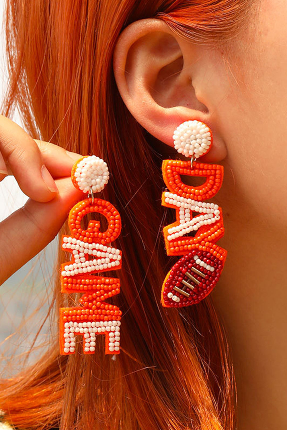 Orange GAME DAY Football Rice Bead Dangle Stud Earrings