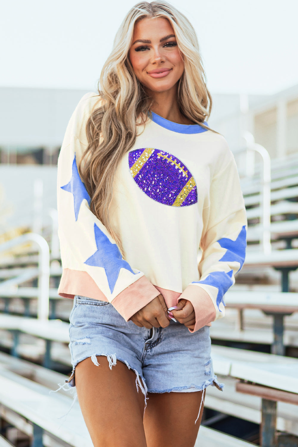 Beige Sequin Football Graphic Starry Patched Contrast Trim Game Day Sweatshirt