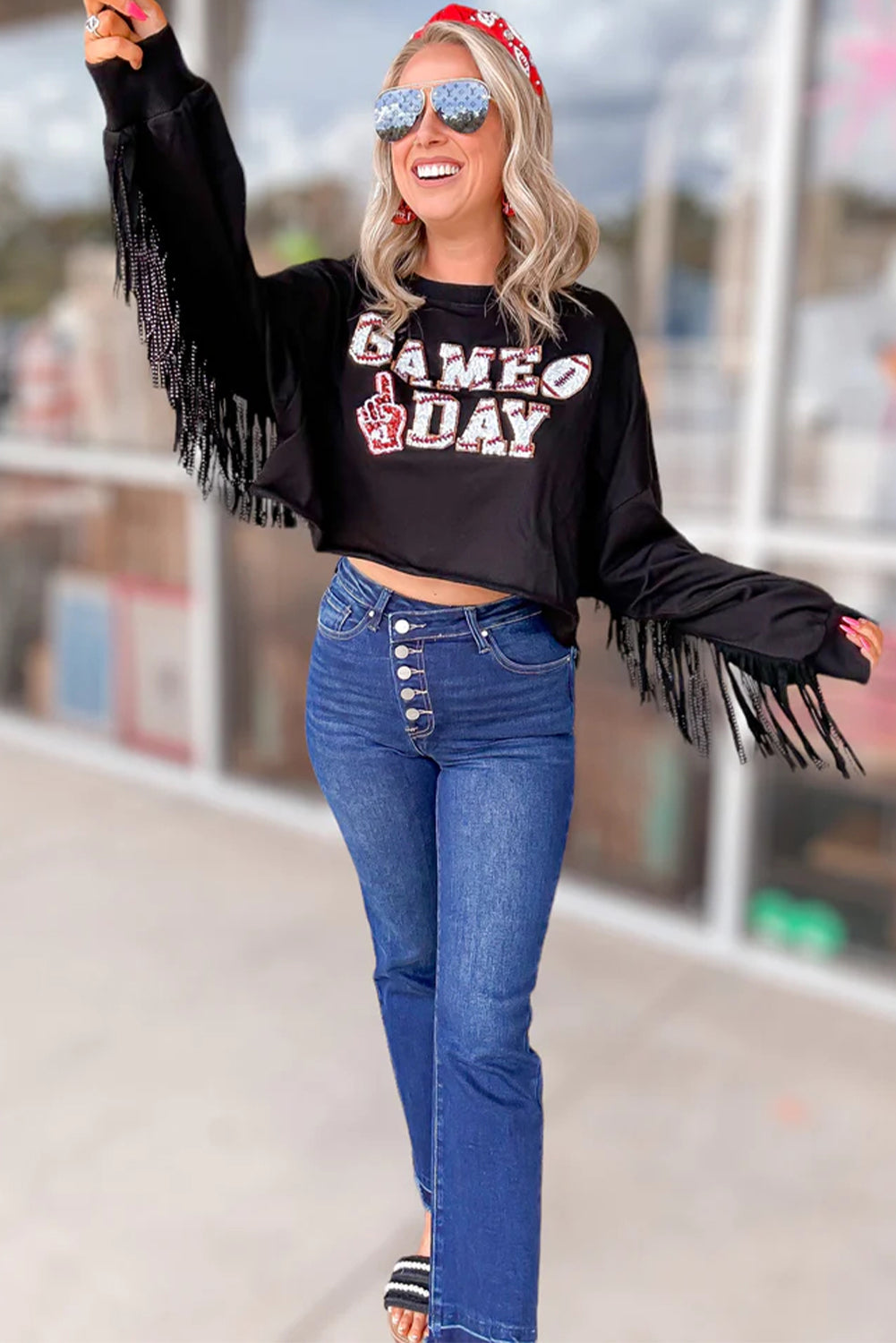 Black GAME DAY Football Sequined Tasseled Cropped Sweatshirt