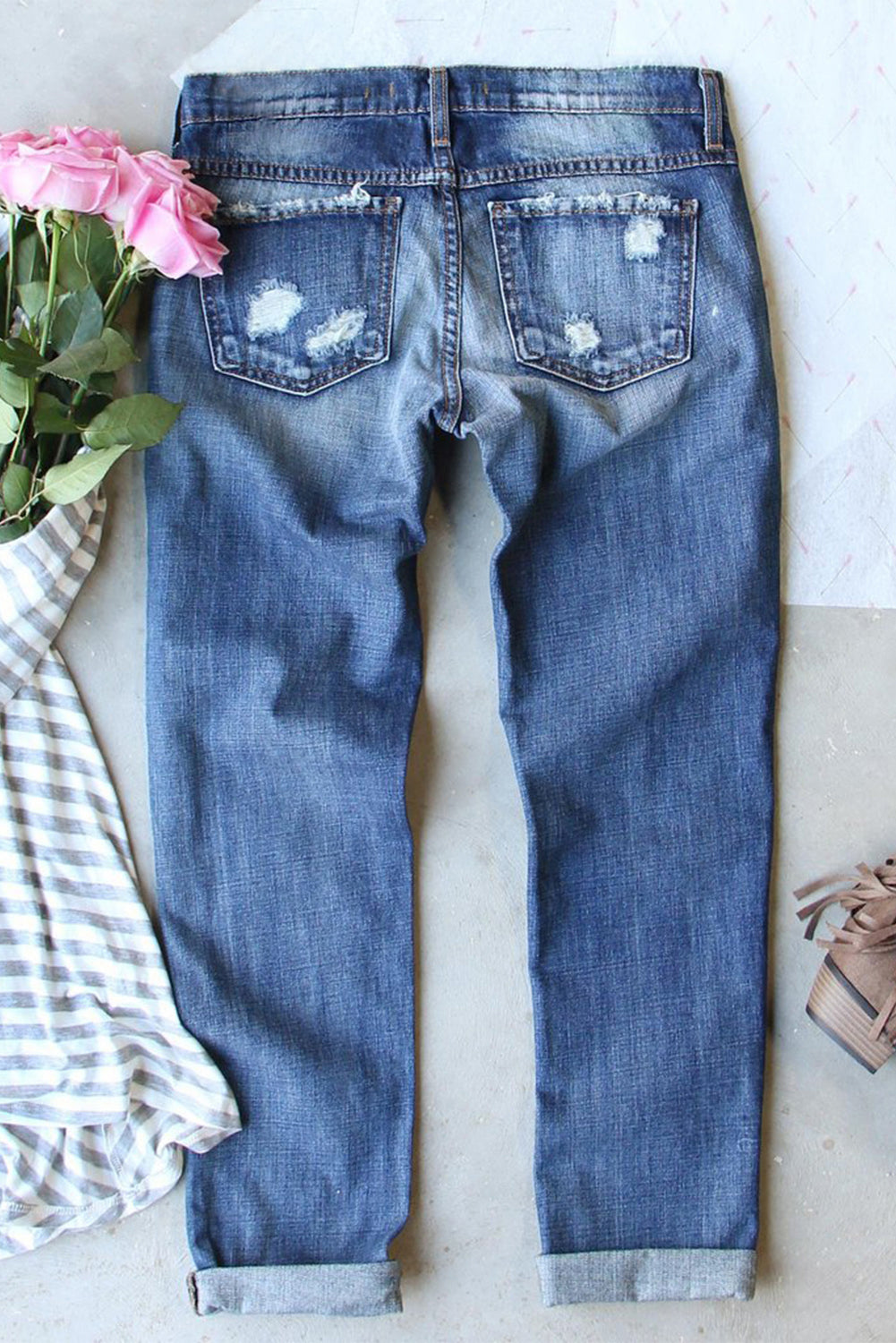 Sky Blue Sequin Football Patchwork Distressed Straight Leg Jeans