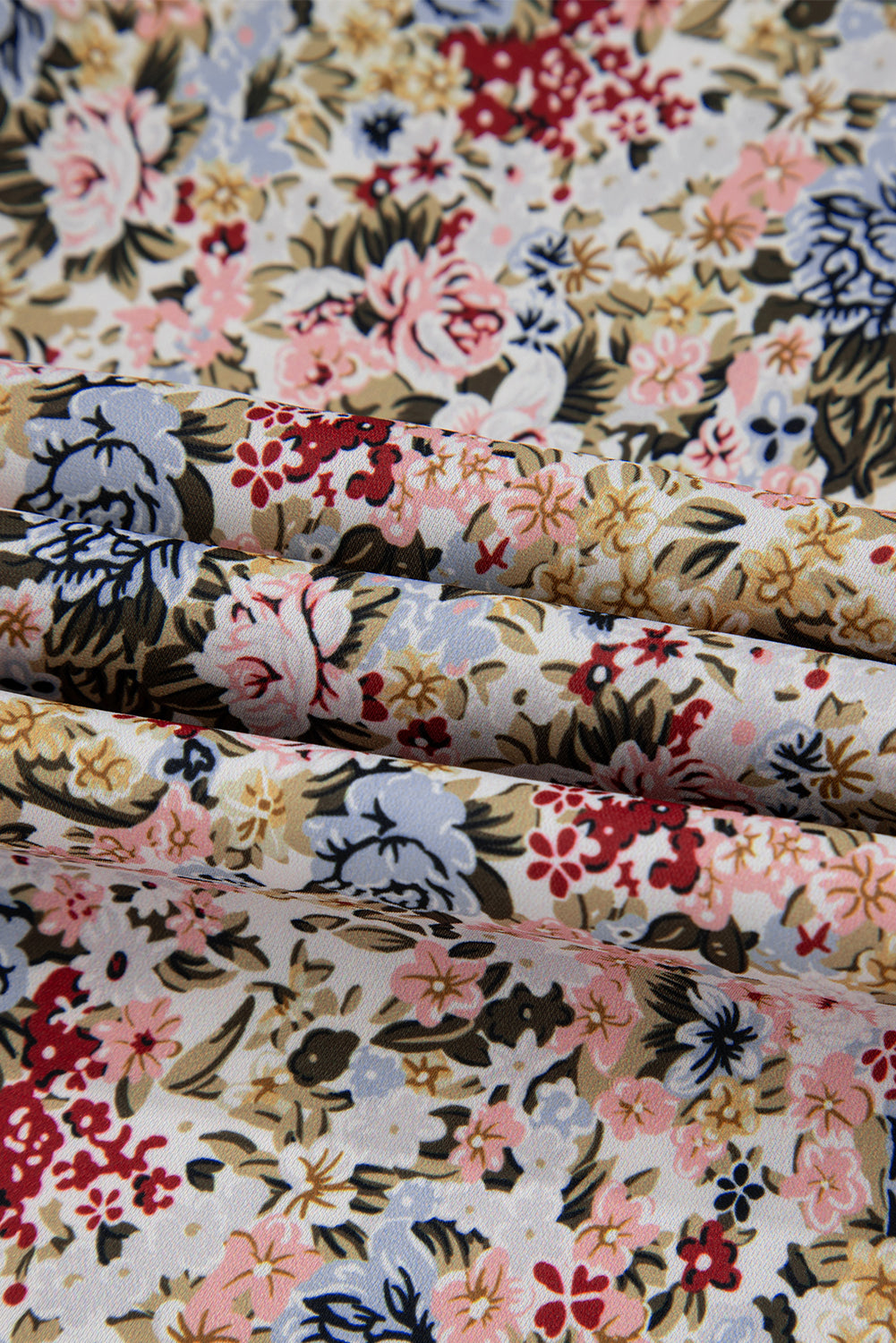 Red Boho Floral Frilled Button Neck Ruffle Short Sleeve Blouse