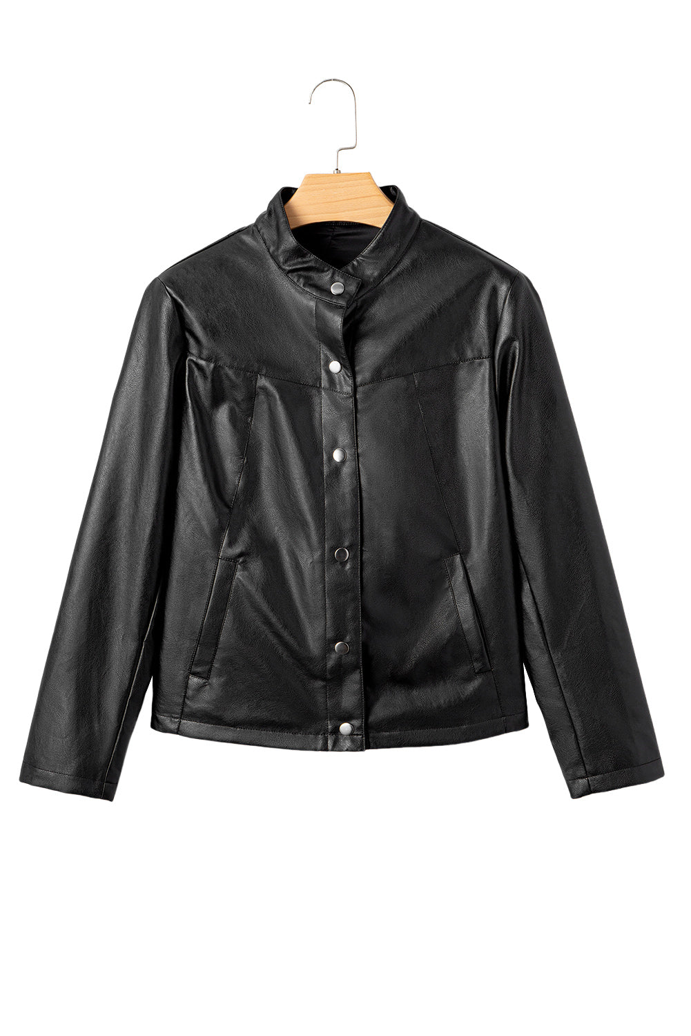 Black Faux Leather Buttoned Front Boxy Jacket