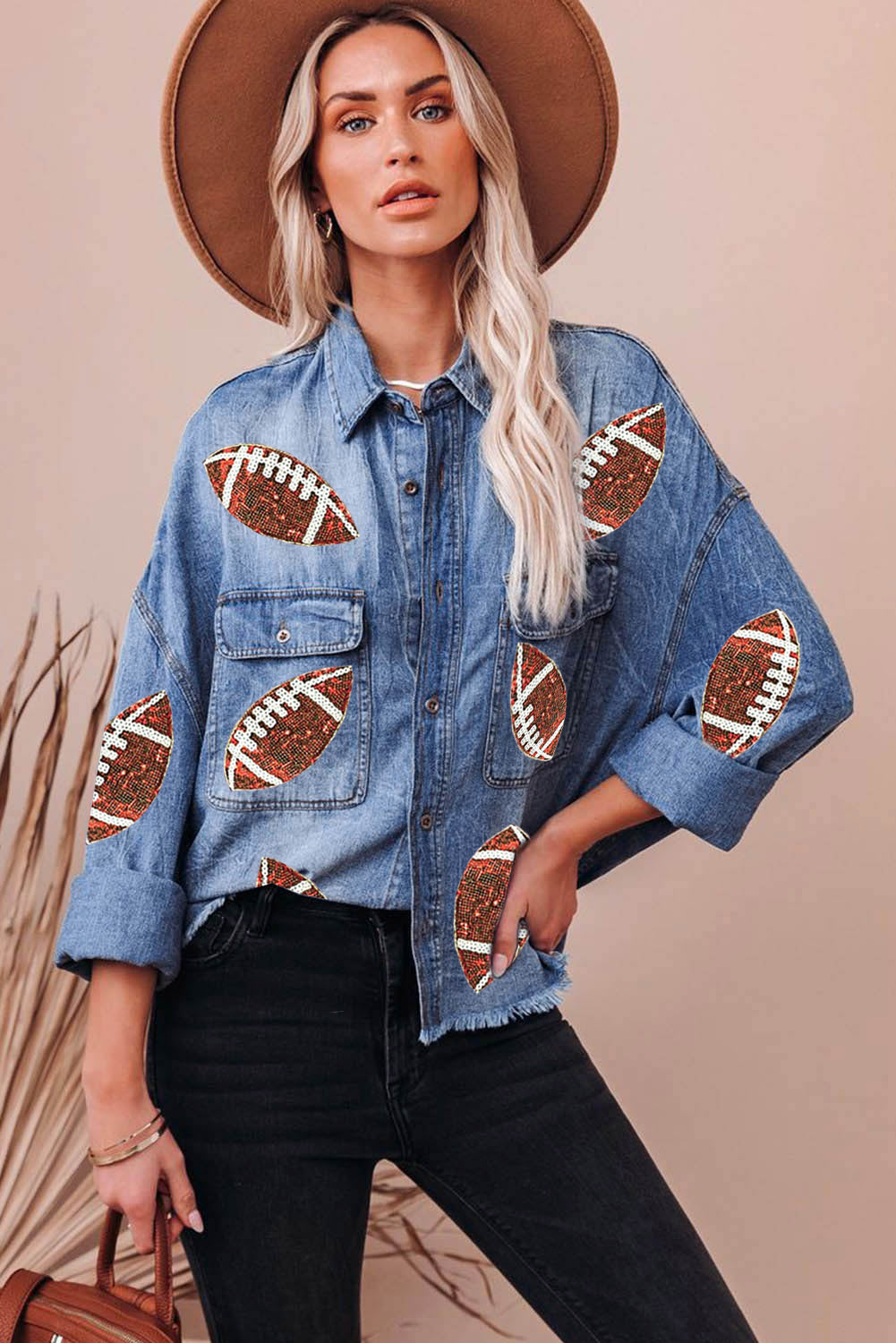 Sky Blue Sequin Football Graphic Flap Pockets Raw Hem Game Day Denim Jacket