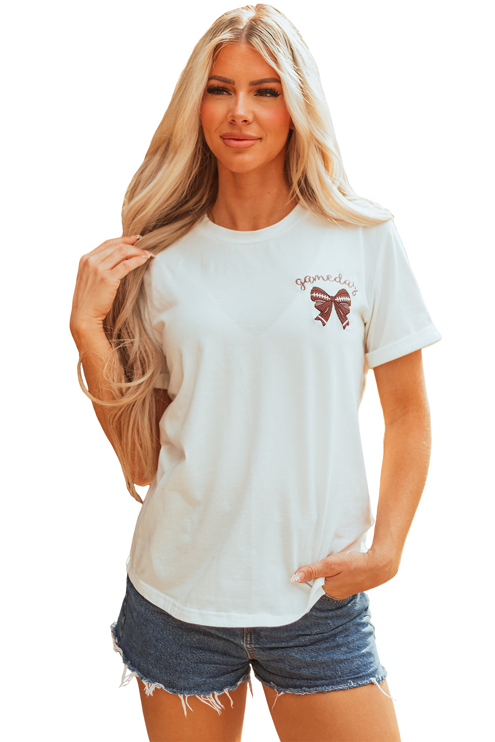 White Game Day Bowknot Embroidered Graphic Casual Tee