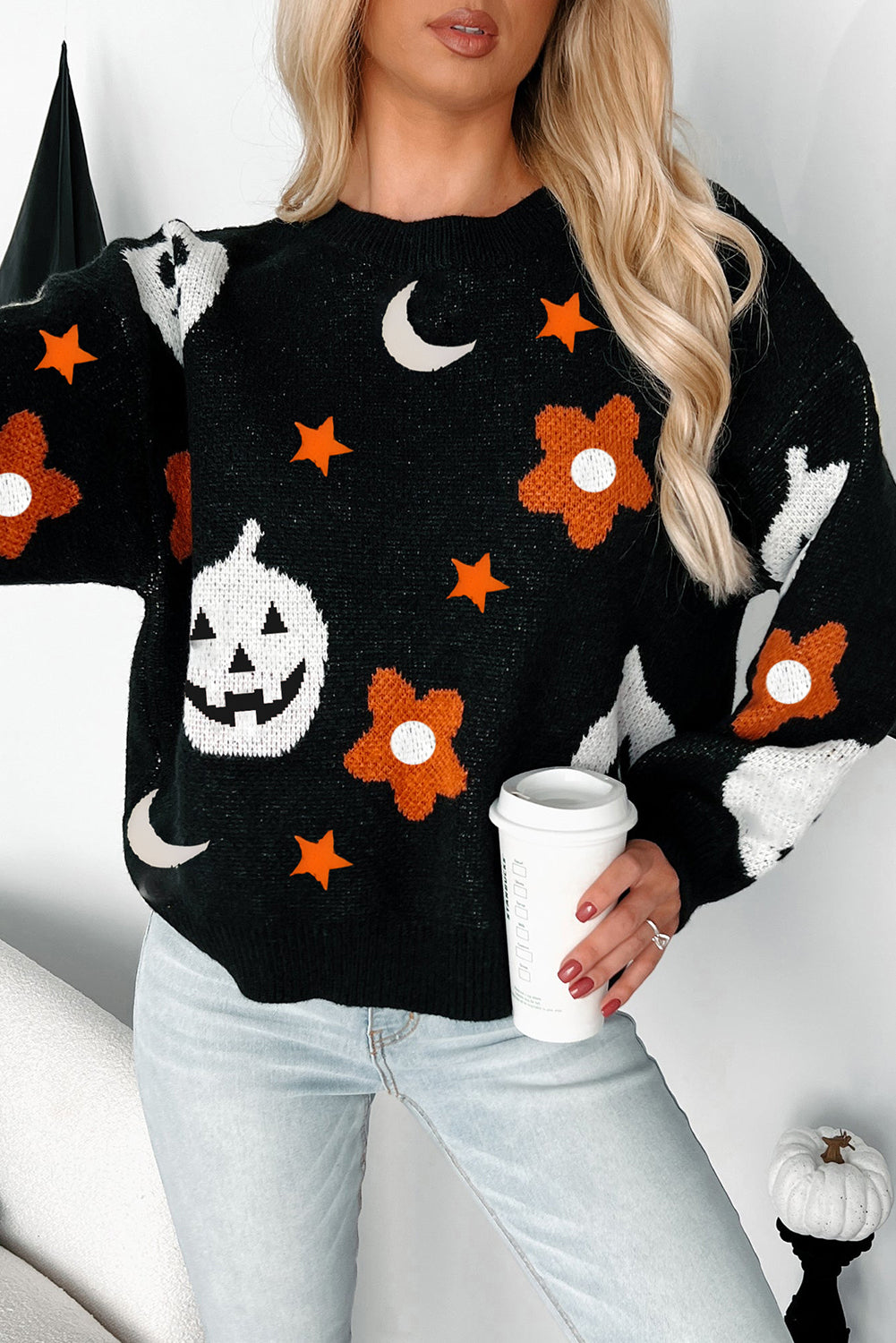 Black Halloween Mythical Night Pattern Drop Shoulder Sweater