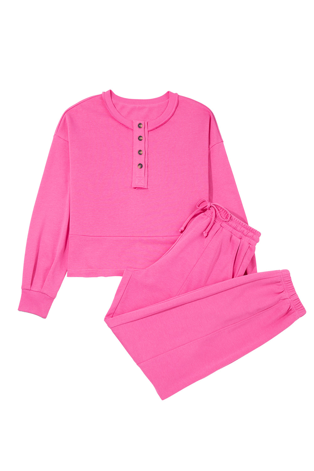Bright Pink Raw Edge Half Buttons Pullover and Jogger Pants Set