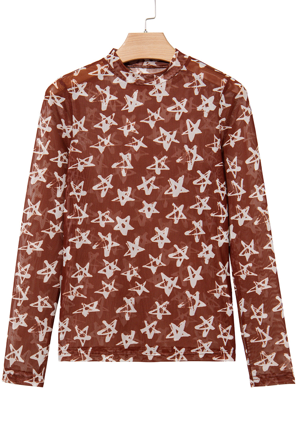 Red Mesh Star Print Mock Neck Sheath Long Sleeve Top