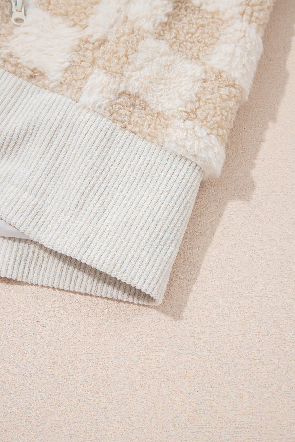 Khaki Checker Sherpa Corduroy Patchwork Zip up Collared Jacket