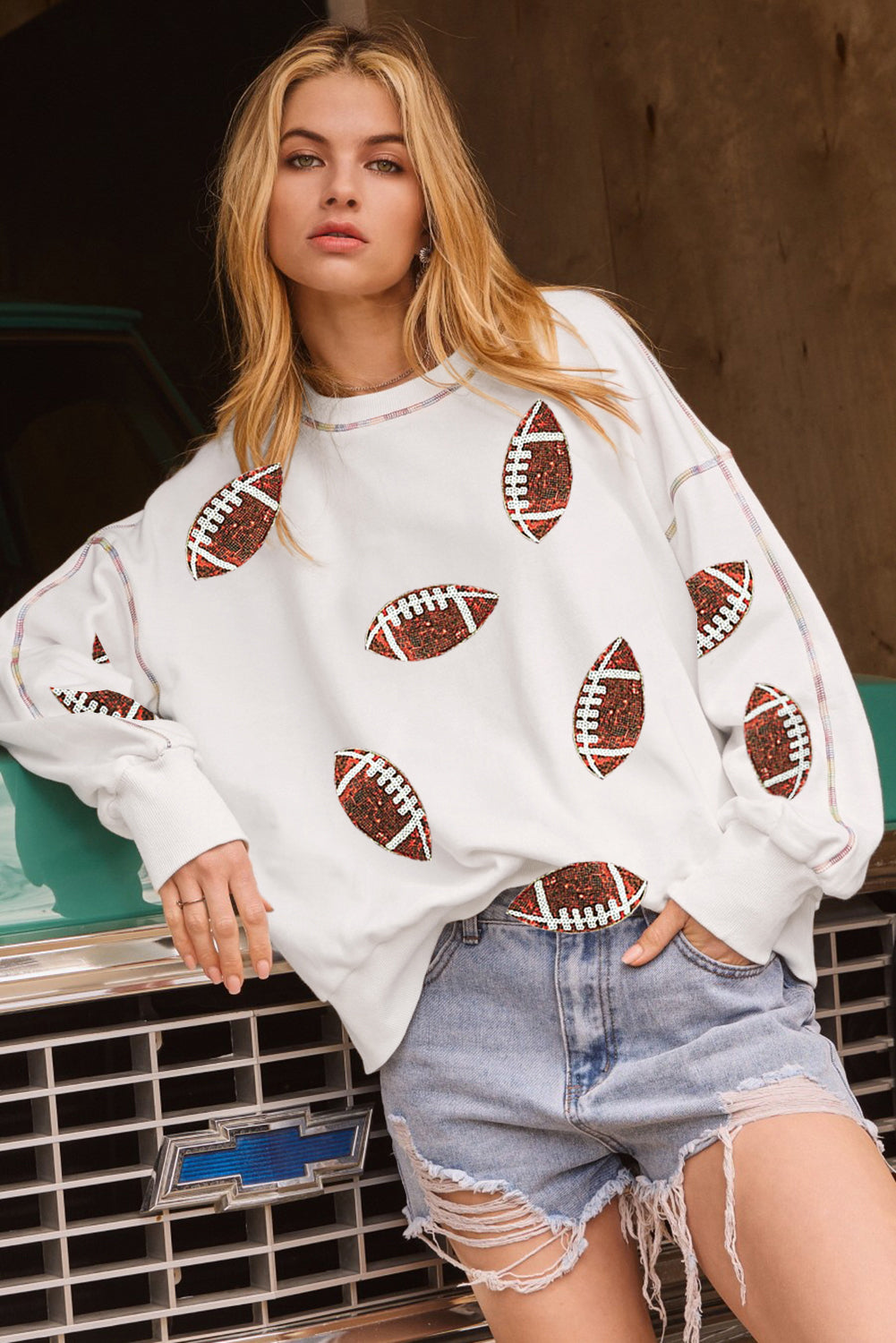 White Sequin Football Pattern Exposed Seam Game Day Sweatshirt