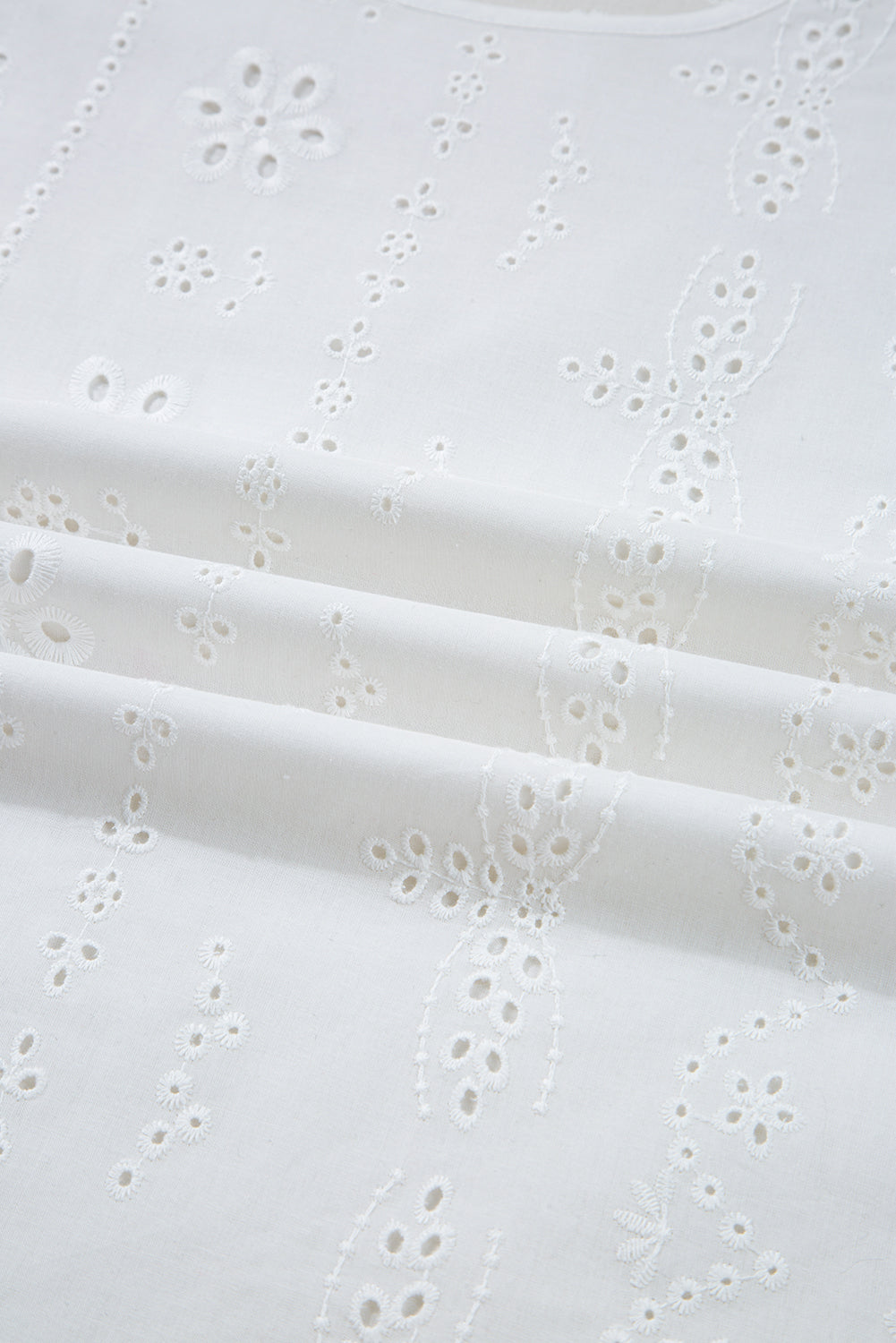 White Eyelet Embroidered Smocked Cuff Sheer Blouse