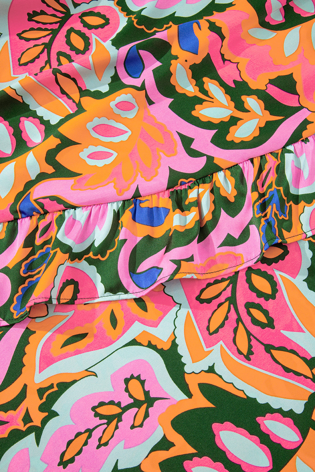 Rose Plant Print Surpliced V Neck Ruffled Asymmetric Slit Wide Short Sleeve Maxi Dress