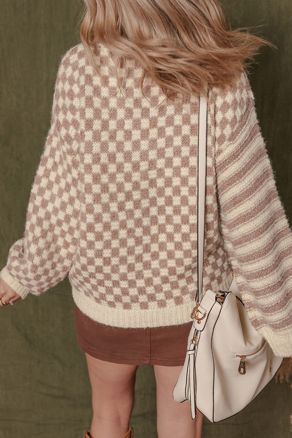 Khaki Stripe Checkerboard Drop Shoulder Balloon Sleeve Sweater