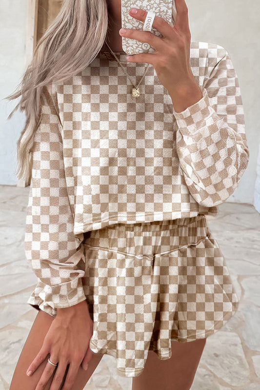 Khaki Checkered Long Sleeve Crop Top High Waist Skort 2pcs Set