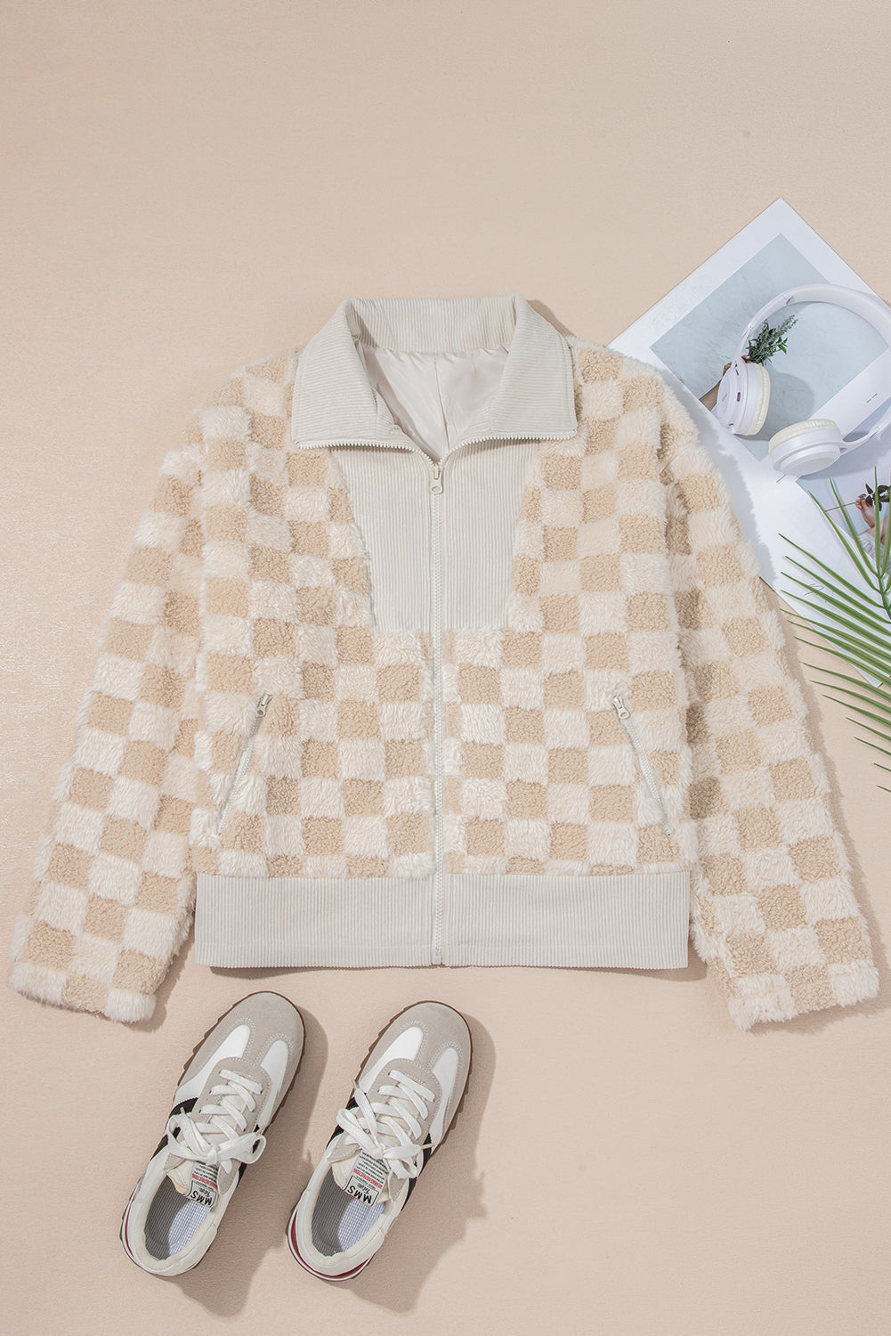 Khaki Checker Sherpa Corduroy Patchwork Zip up Collared Jacket