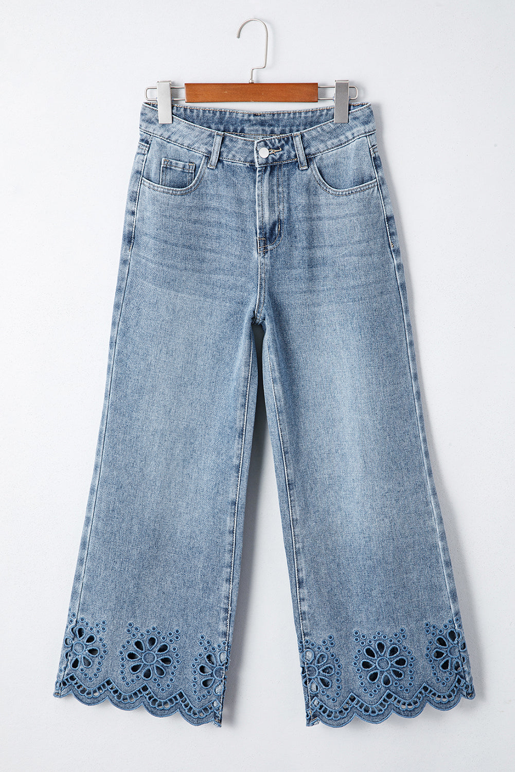 Dusk Blue Embroidered Cropped Wide Leg High Waist Jeans