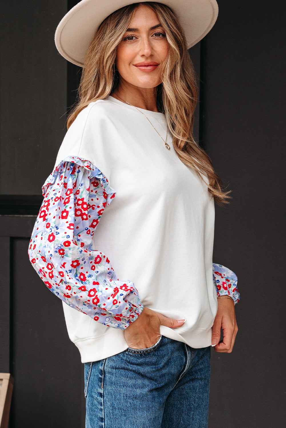 White Floral Ruffled Balloon Sleeve Patchwork Loose Blouse