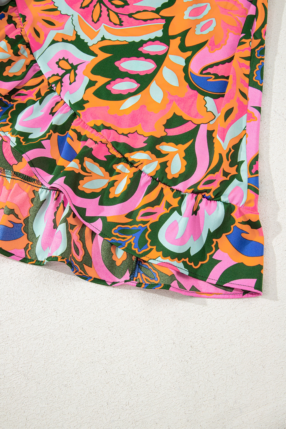 Rose Plant Print Surpliced V Neck Ruffled Asymmetric Slit Wide Short Sleeve Maxi Dress