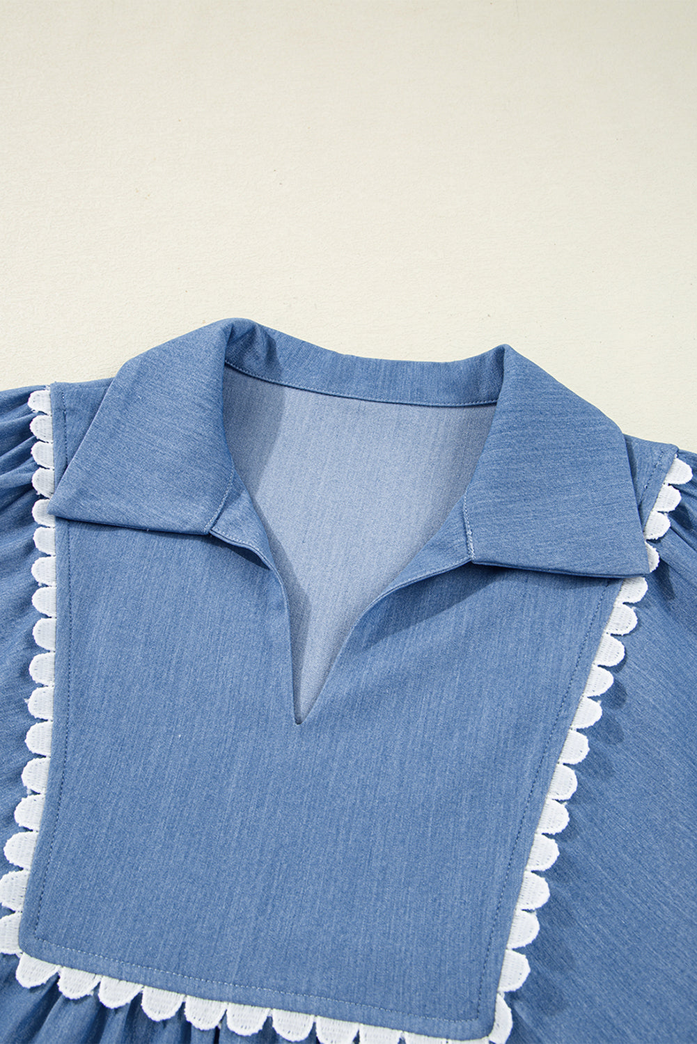 Dusk Blue Lace Ric Rac 3/4 Puff Sleeve Collared Babydoll Blouse