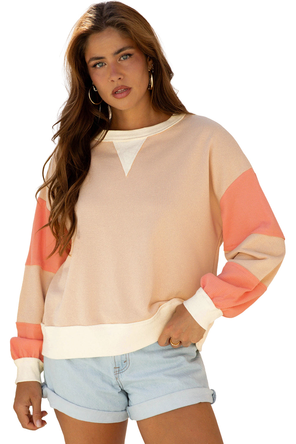Light French Beige Color Block Textured Patchwork Pullover Sweatshirt