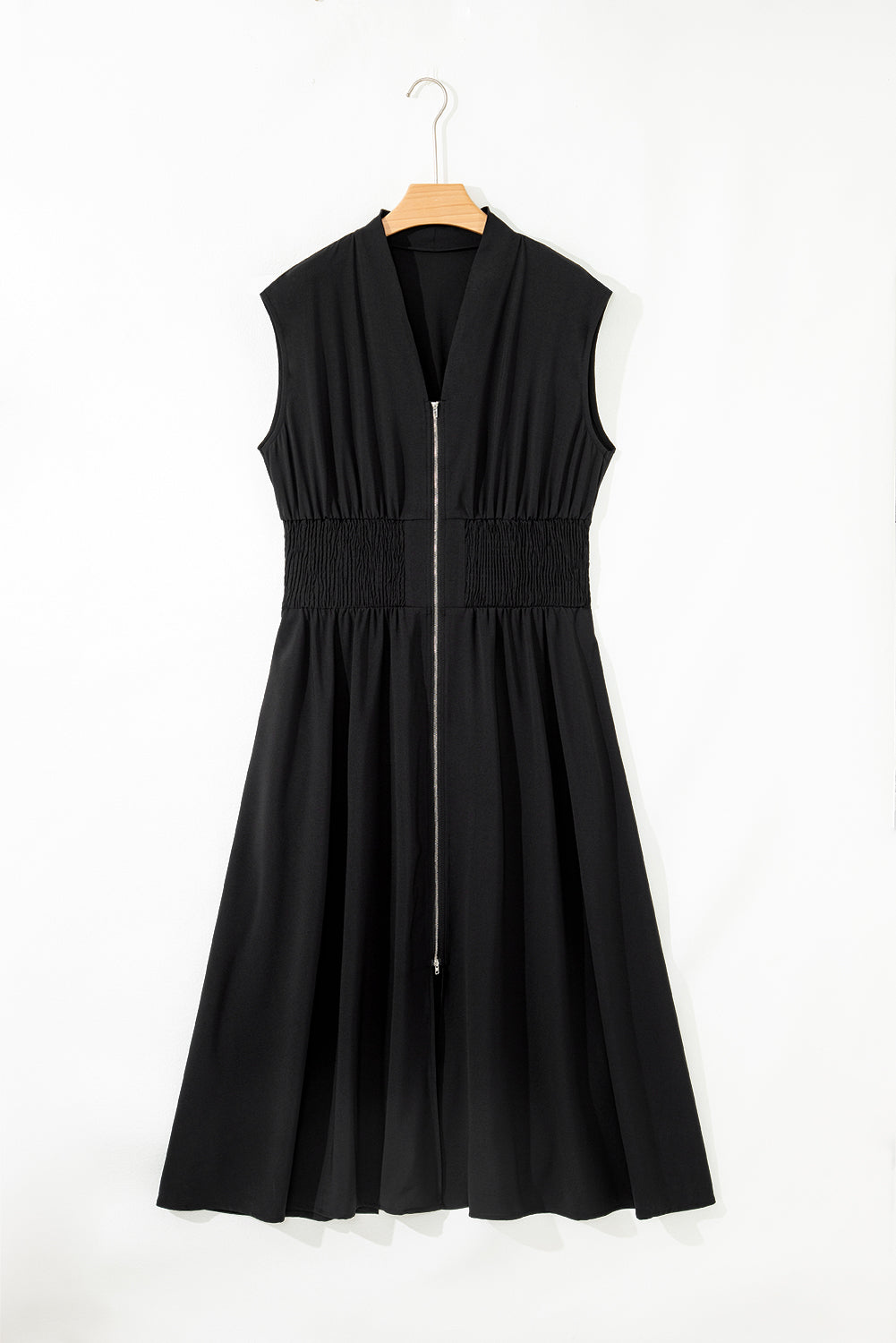 Black Sleeveless Zipped Front V Neck Sheared Waist Maxi Dress
