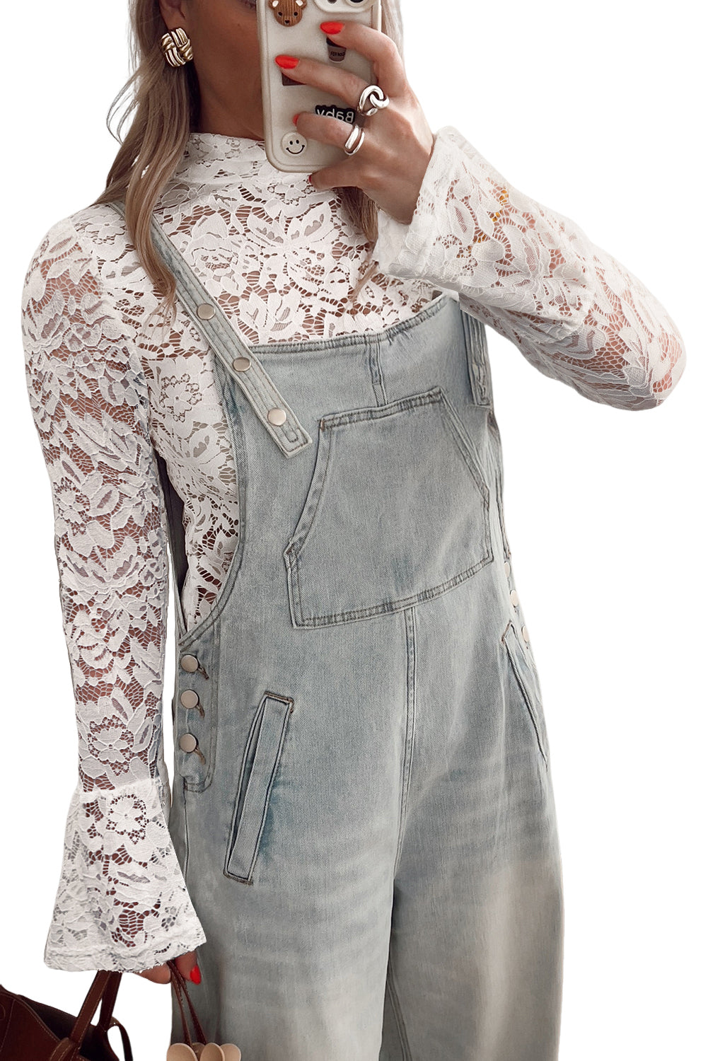 White Lace Crochet Bell Sleeve Mock Neck Blouse