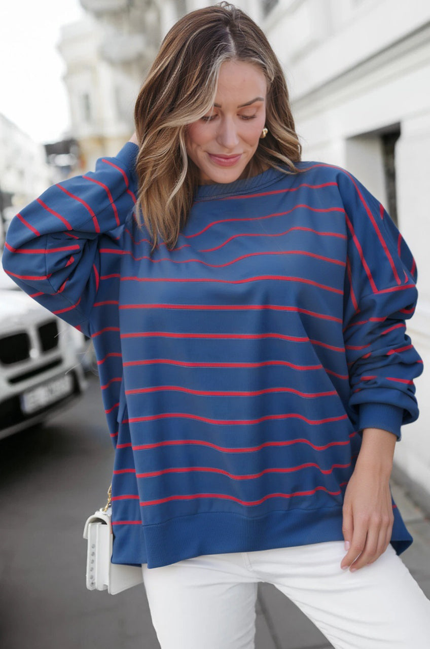 Blue Stripe Stylish Overlap Detail Drop Shoulder Pullover Sweatshirt