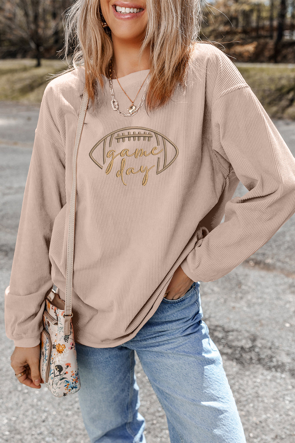 Apricot Football Game Day Embroidered Corduroy Sweatshirt