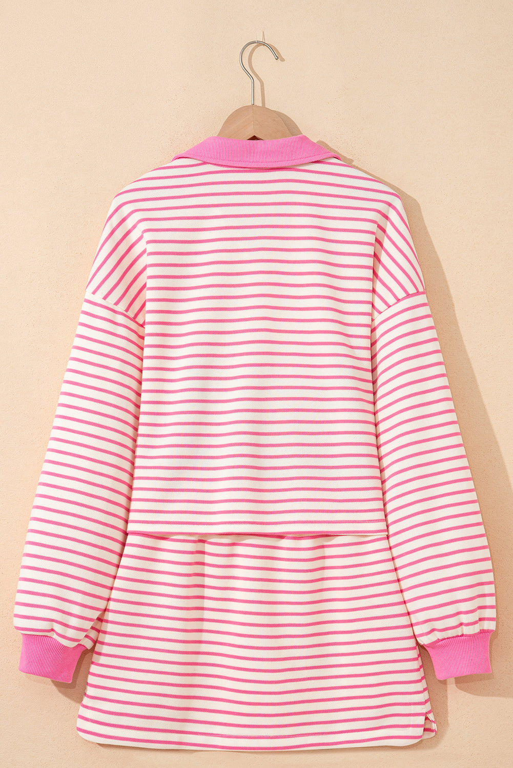 Pink Stripe Collared V Neck Drop Shoulder Pullover and Skort 2pcs Outfit