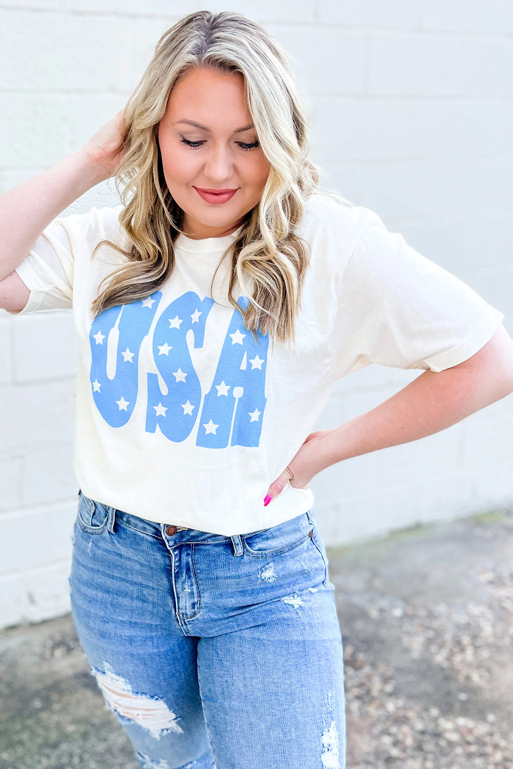 Sky Blue USA Graphic Crewneck Plus Size Patriotic Tee