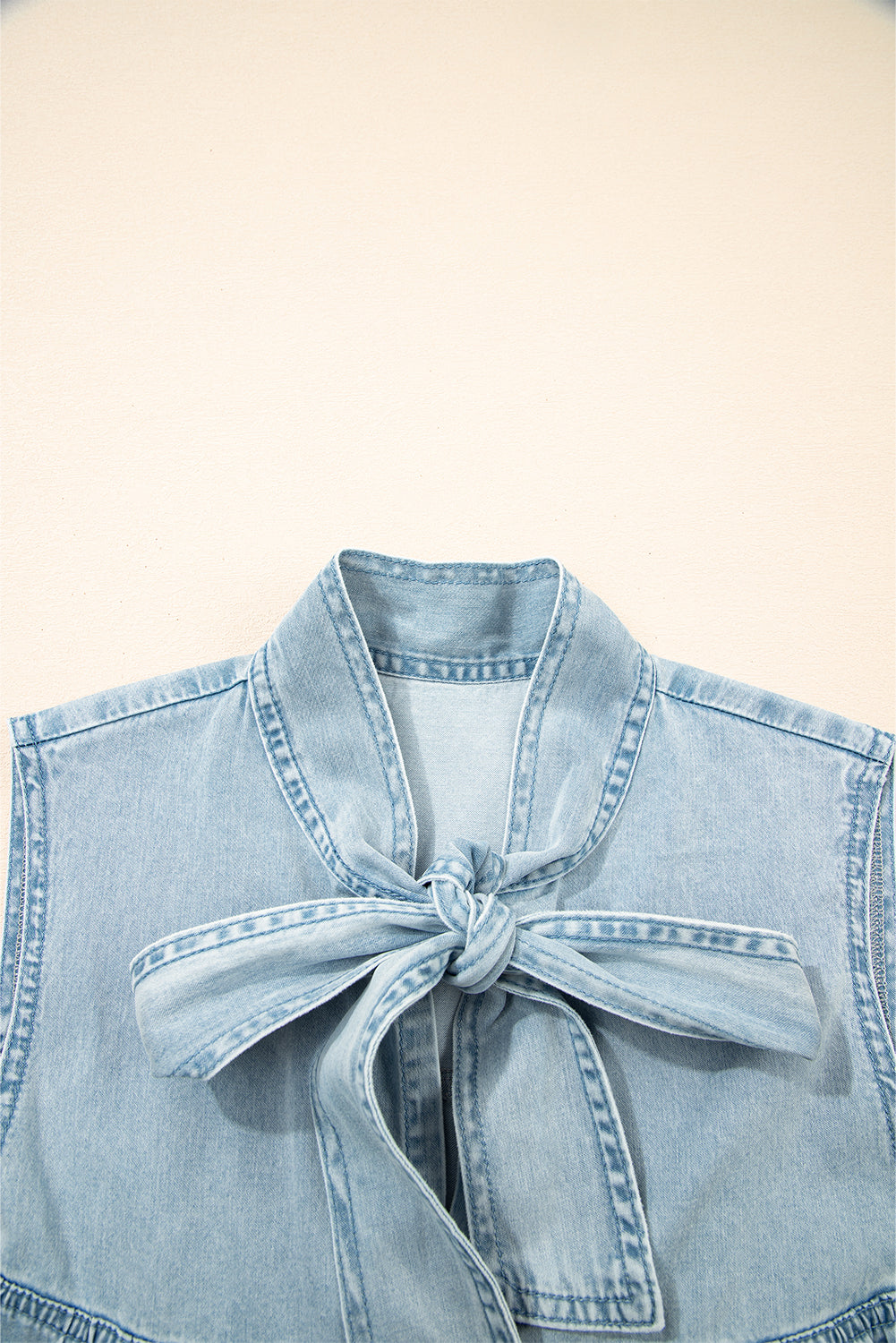 Beau Blue Bowknot Neck Sleeveless Ruffled Chambray Dress