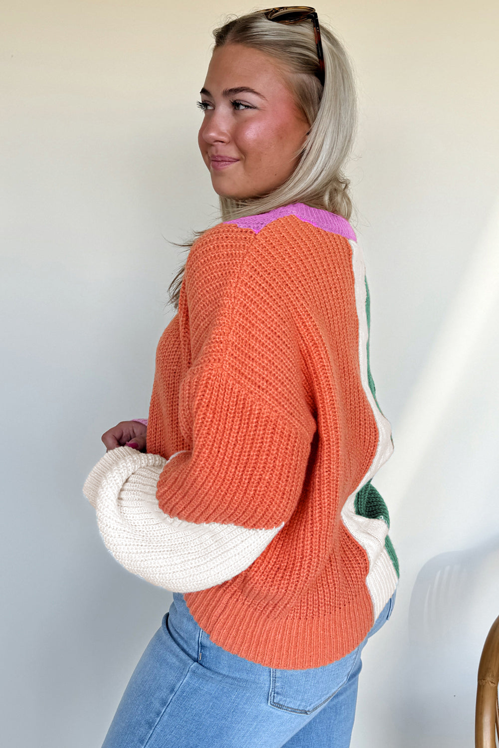 Desert Gold Color Block Textured Knit Drop Shoulder Loose Fit Sweater