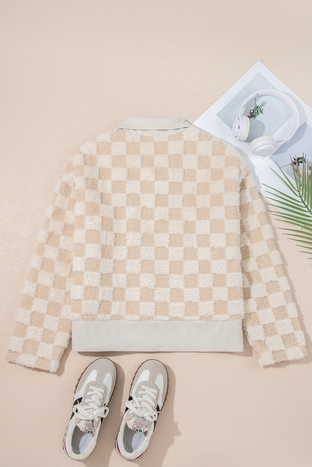 Khaki Checker Sherpa Corduroy Patchwork Zip up Collared Jacket