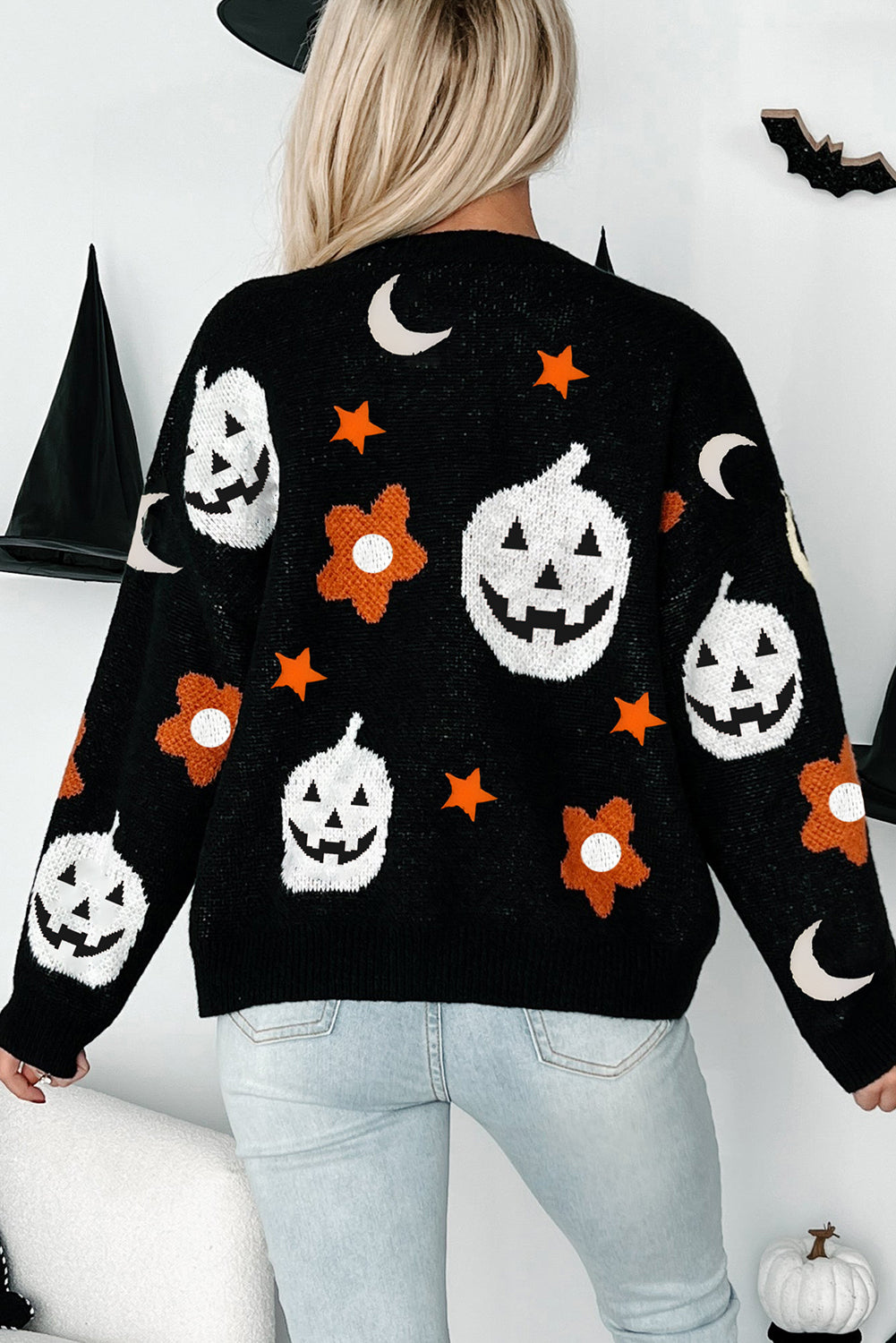 Black Halloween Mythical Night Pattern Drop Shoulder Sweater