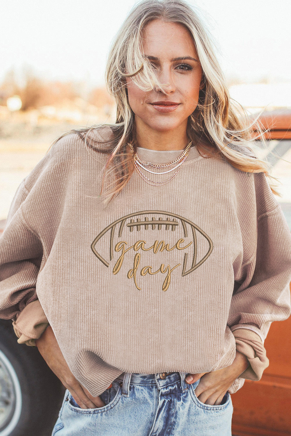 Apricot Football Game Day Embroidered Corduroy Sweatshirt