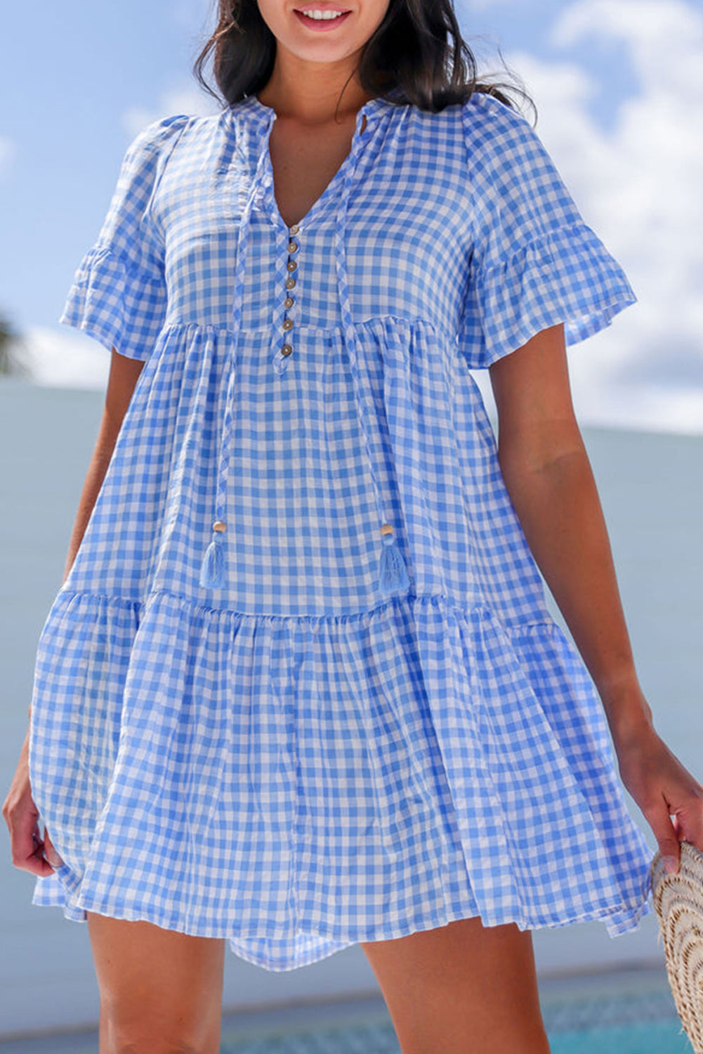 Sky Blue Gingham Short Sleeve Button Tie Split Neck Loose Mini Dress