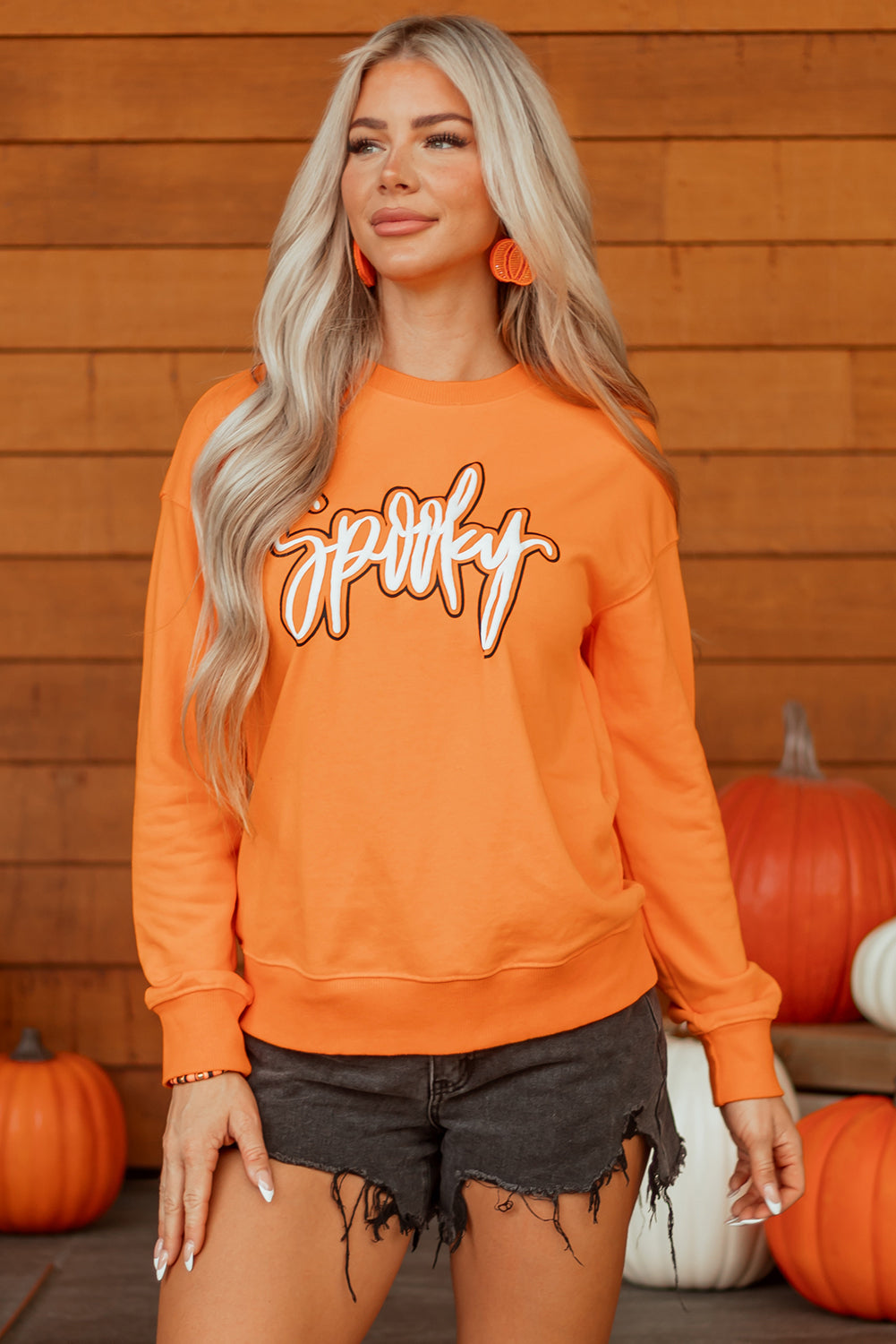 Grapefruit Orange Spooky Graphic Halloween Crew Neck Holiday Sweatshirt