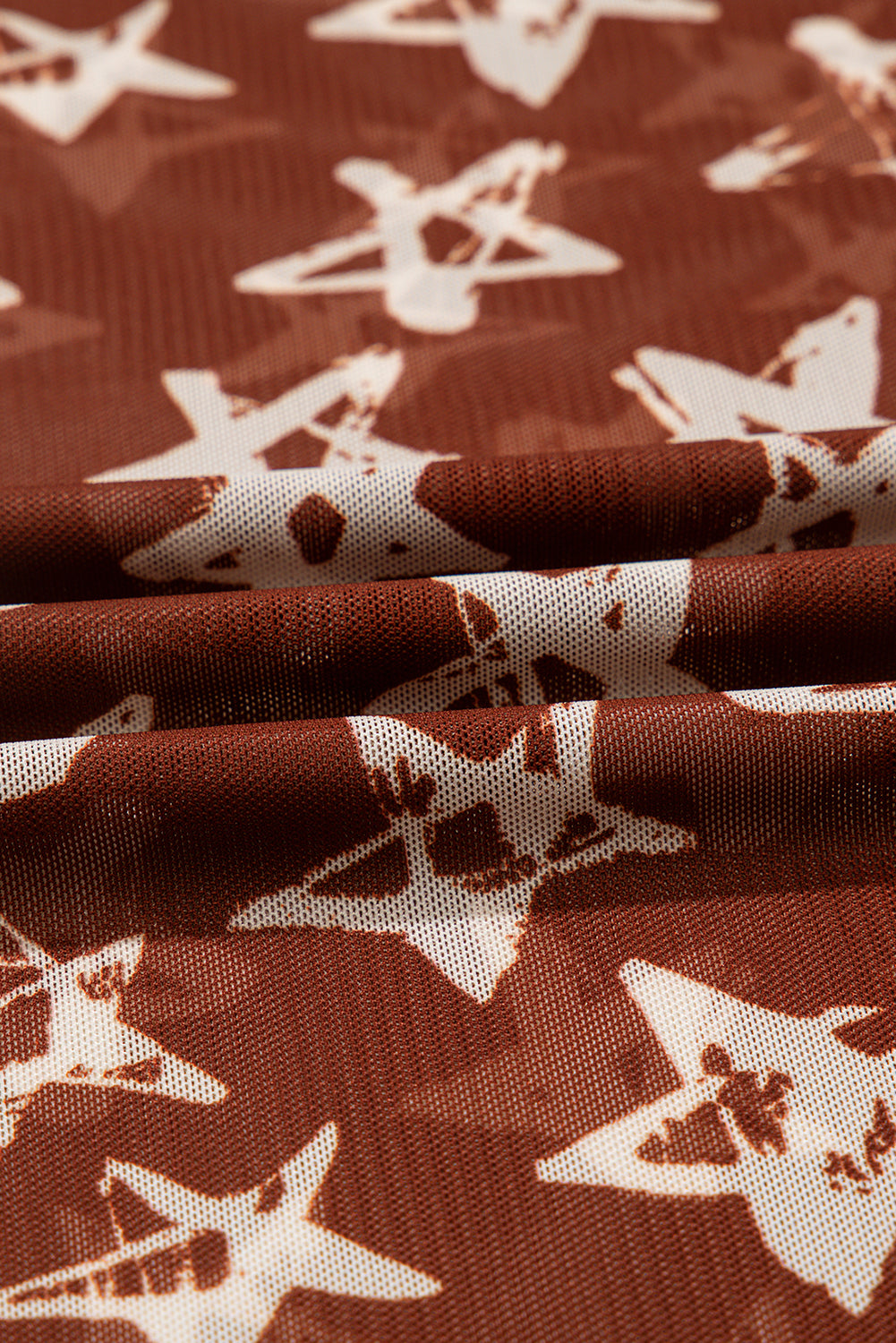 Red Mesh Star Print Mock Neck Sheath Long Sleeve Top