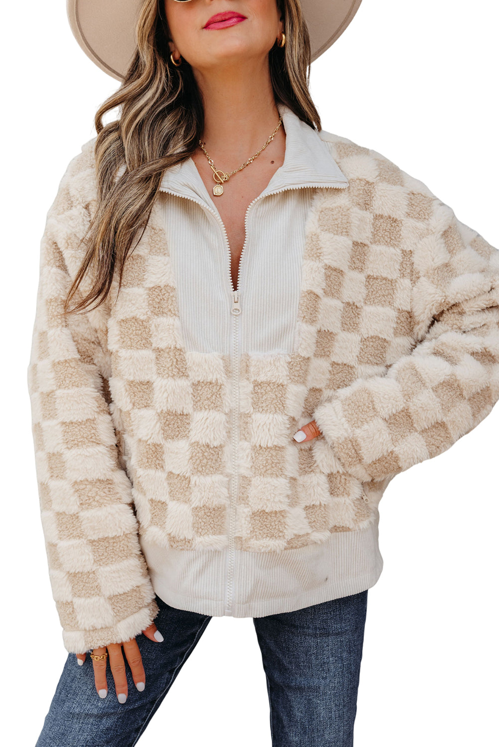 Khaki Checker Sherpa Corduroy Patchwork Zip up Collared Jacket