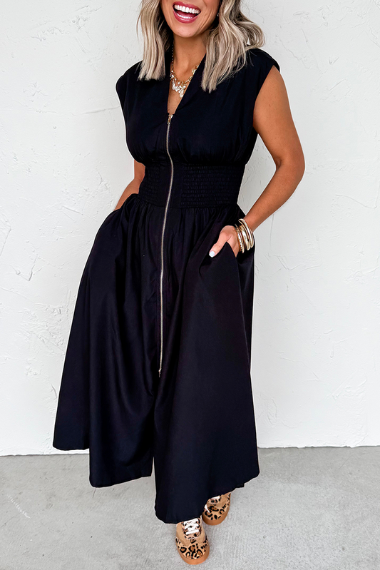 Black Sleeveless Zipped Front V Neck Sheared Waist Maxi Dress