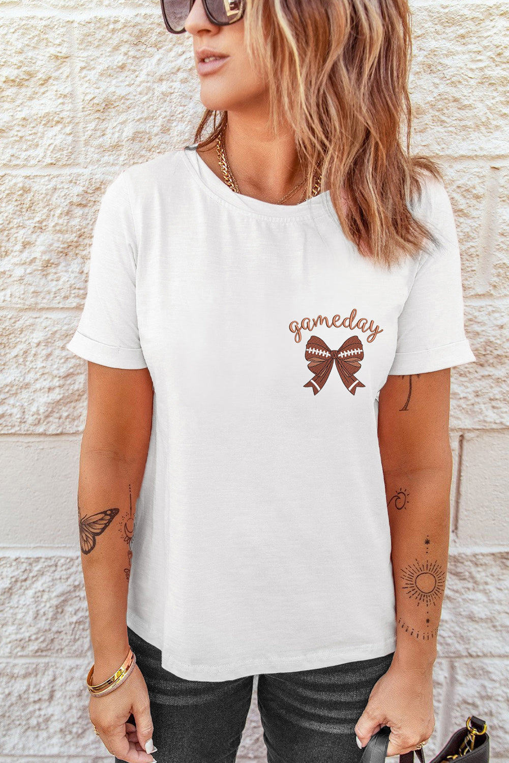 White Game Day Bowknot Embroidered Graphic Casual Tee