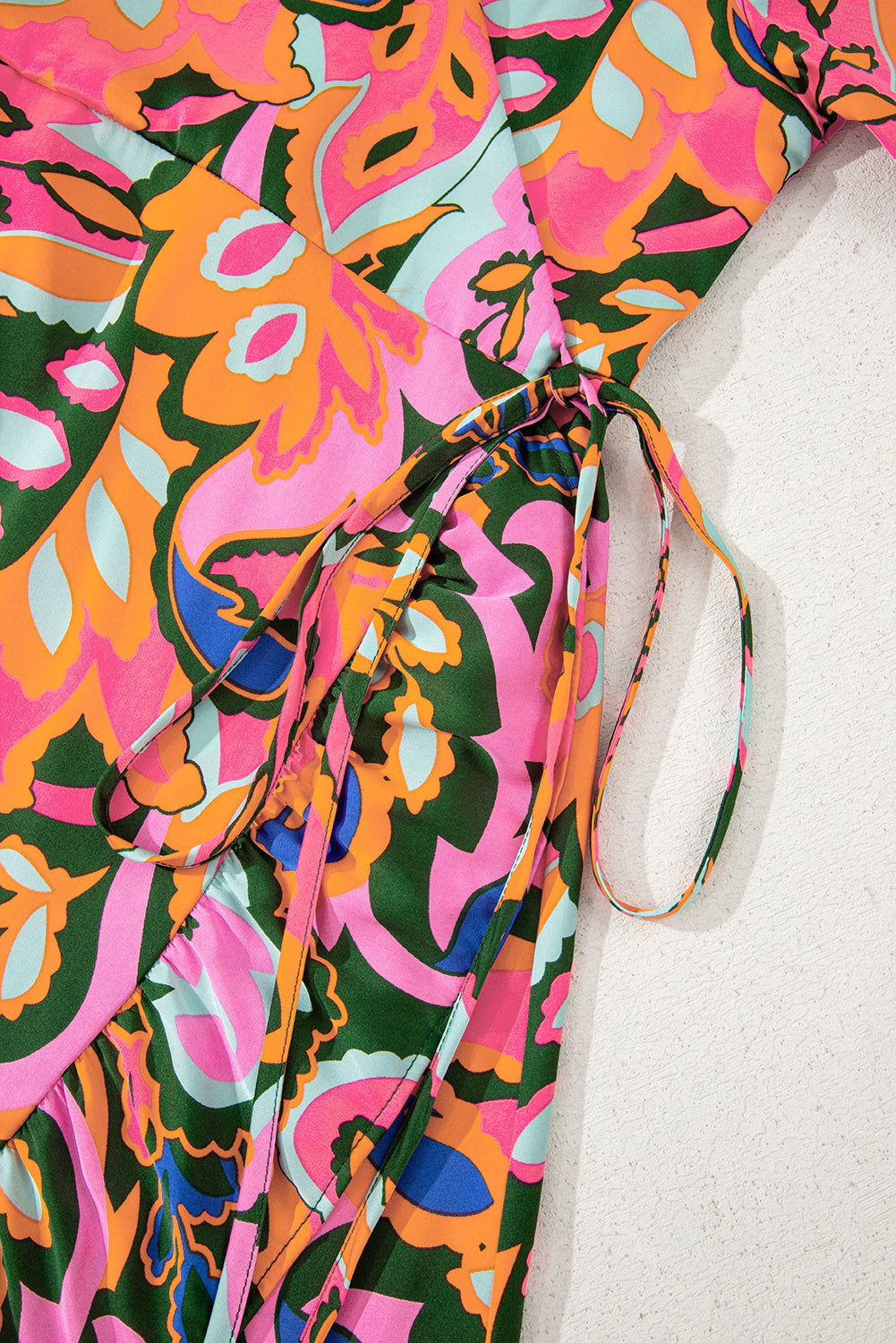 Rose Plant Print Surpliced V Neck Ruffled Asymmetric Slit Wide Short Sleeve Maxi Dress