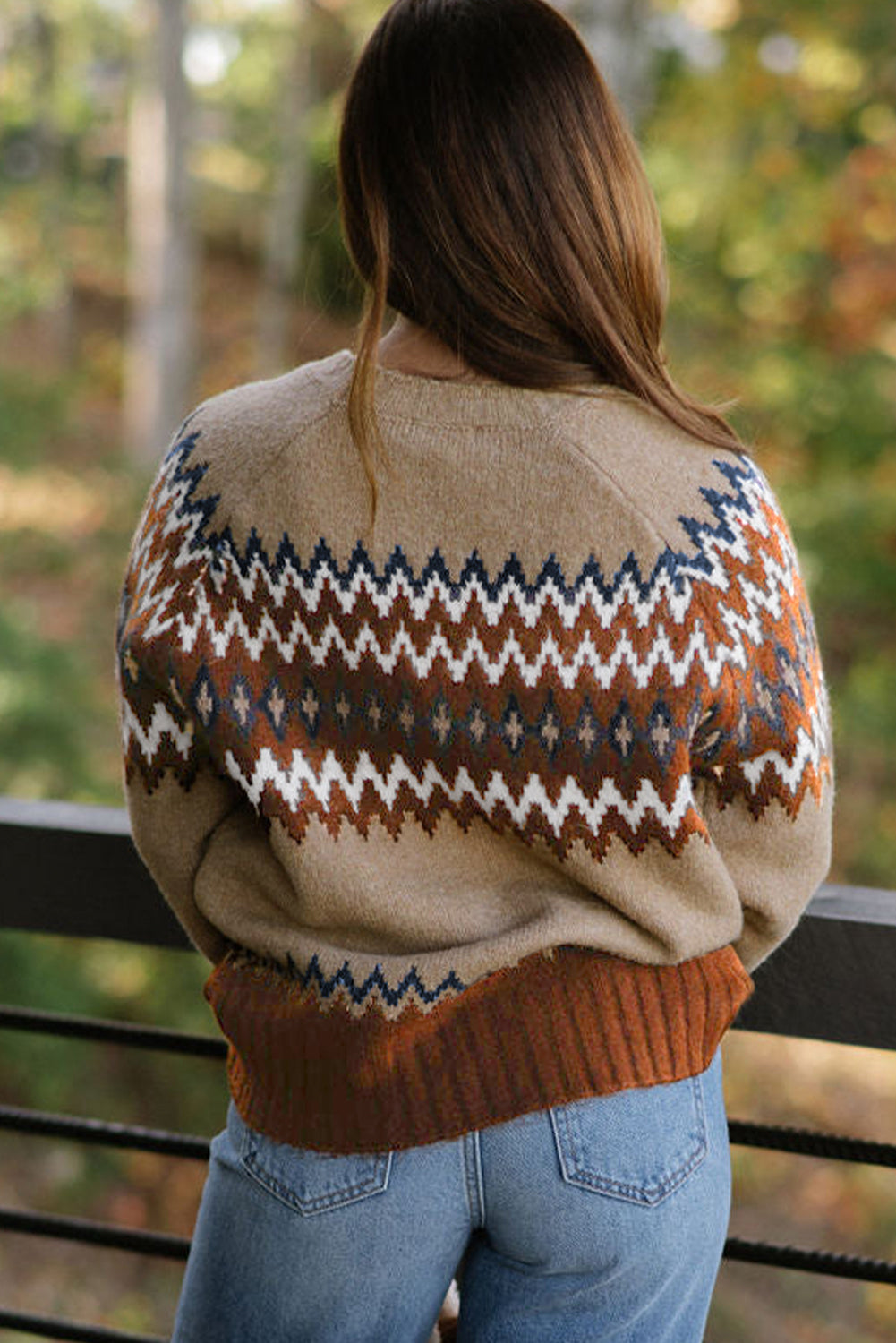 Khaki Aztec Print Colorblock Crew Neck Sweater