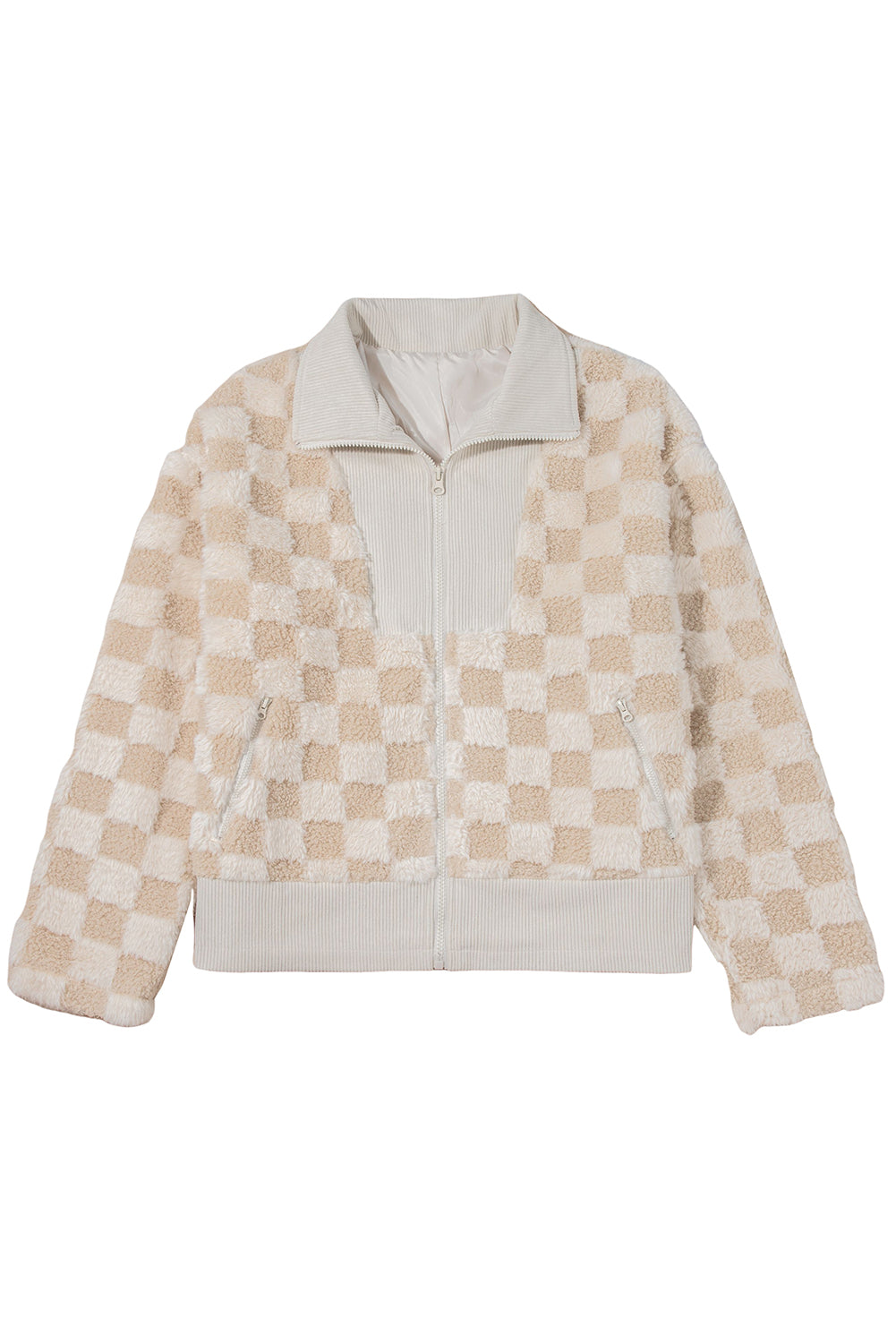 Khaki Checker Sherpa Corduroy Patchwork Zip up Collared Jacket