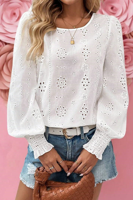 White Eyelet Embroidered Smocked Cuff Sheer Blouse
