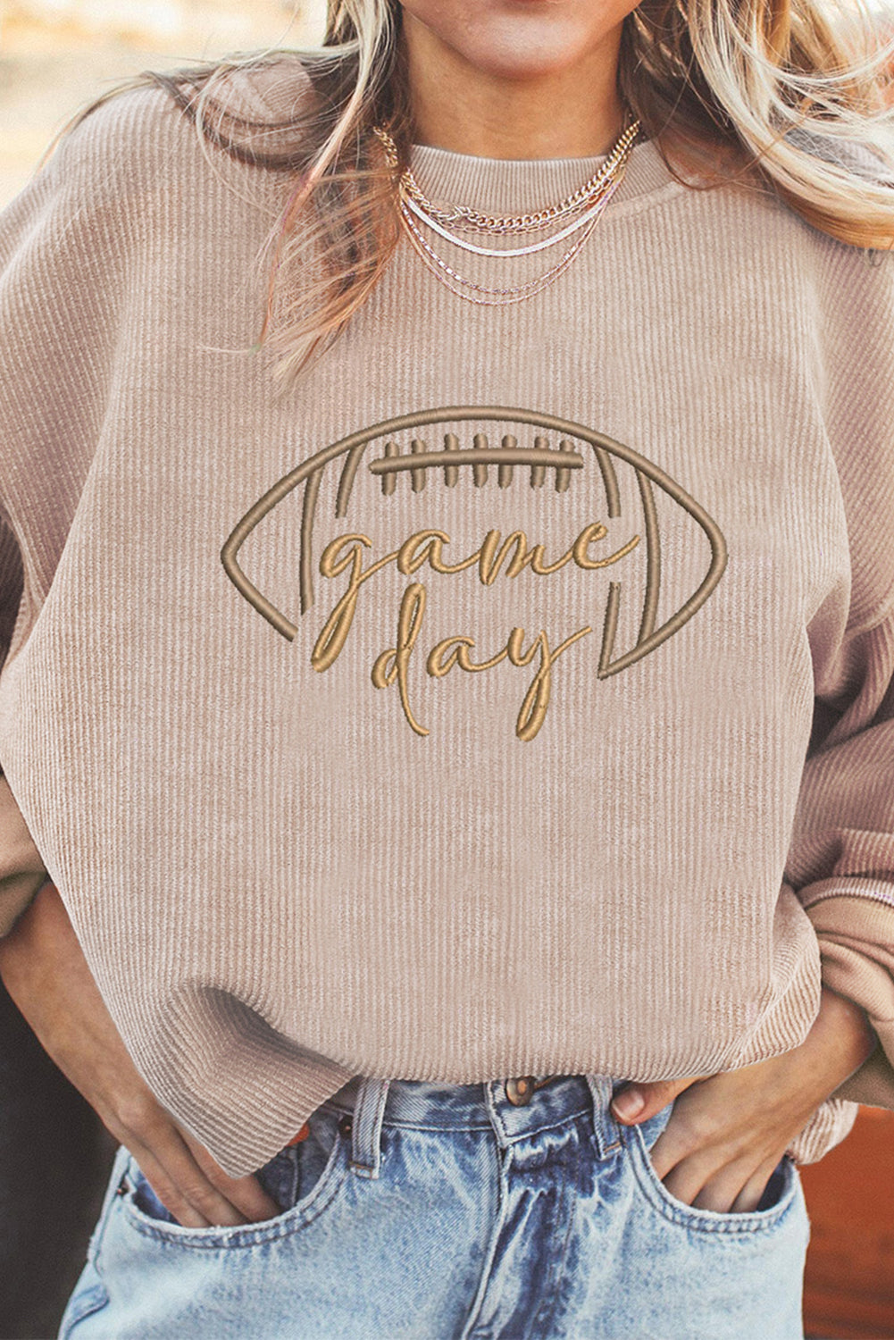 Apricot Football Game Day Embroidered Corduroy Sweatshirt
