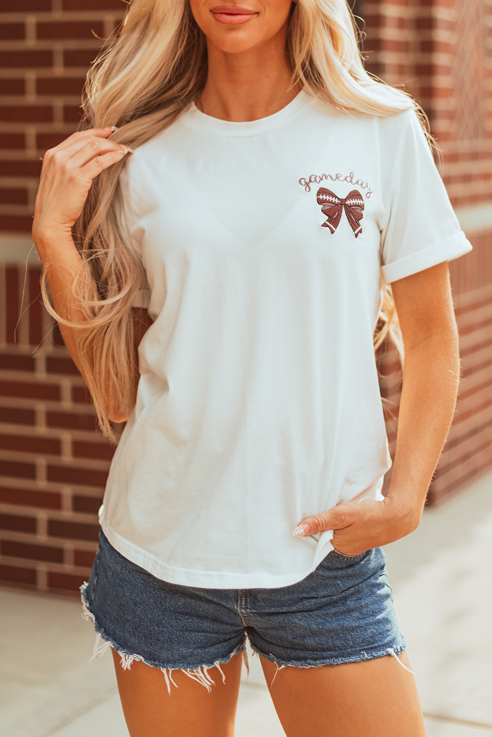 White Game Day Bowknot Embroidered Graphic Casual Tee
