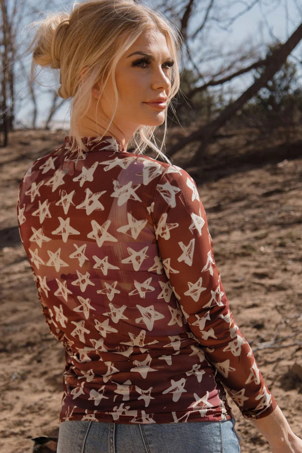 Red Mesh Star Print Mock Neck Sheath Long Sleeve Top