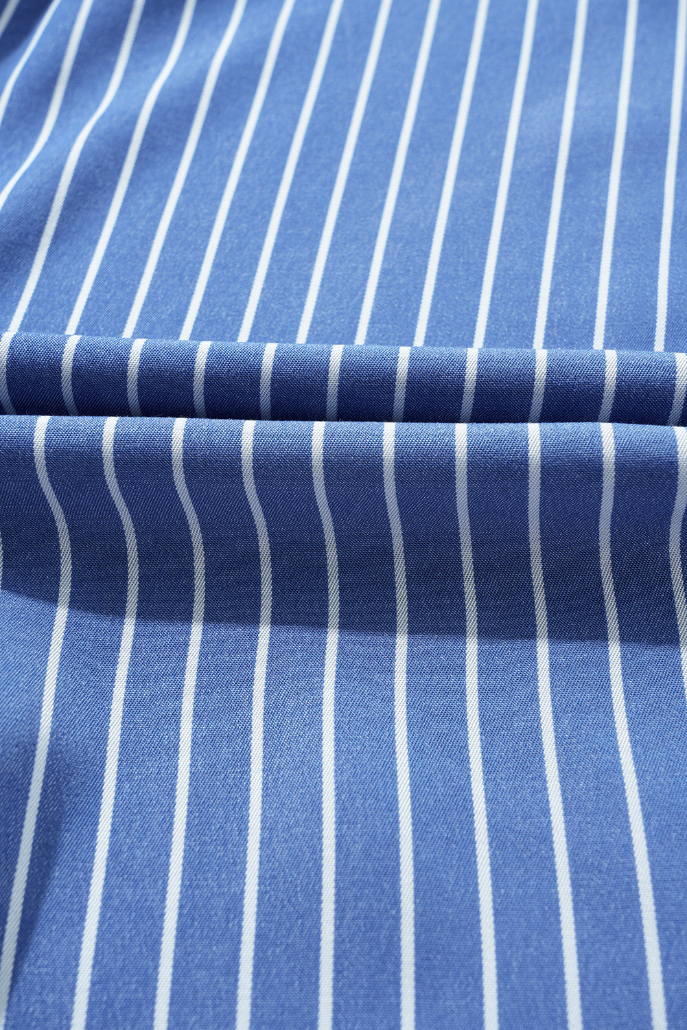 Sky Blue Stripe Frilly Split Neck Shirred Ruffle Sleeve Short Shift Dress