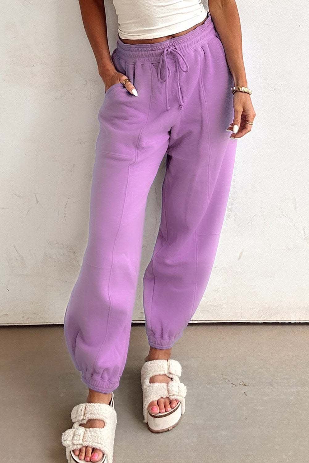 Lilac Drawstring Elastic Waistband Solid Color Jogger Pants