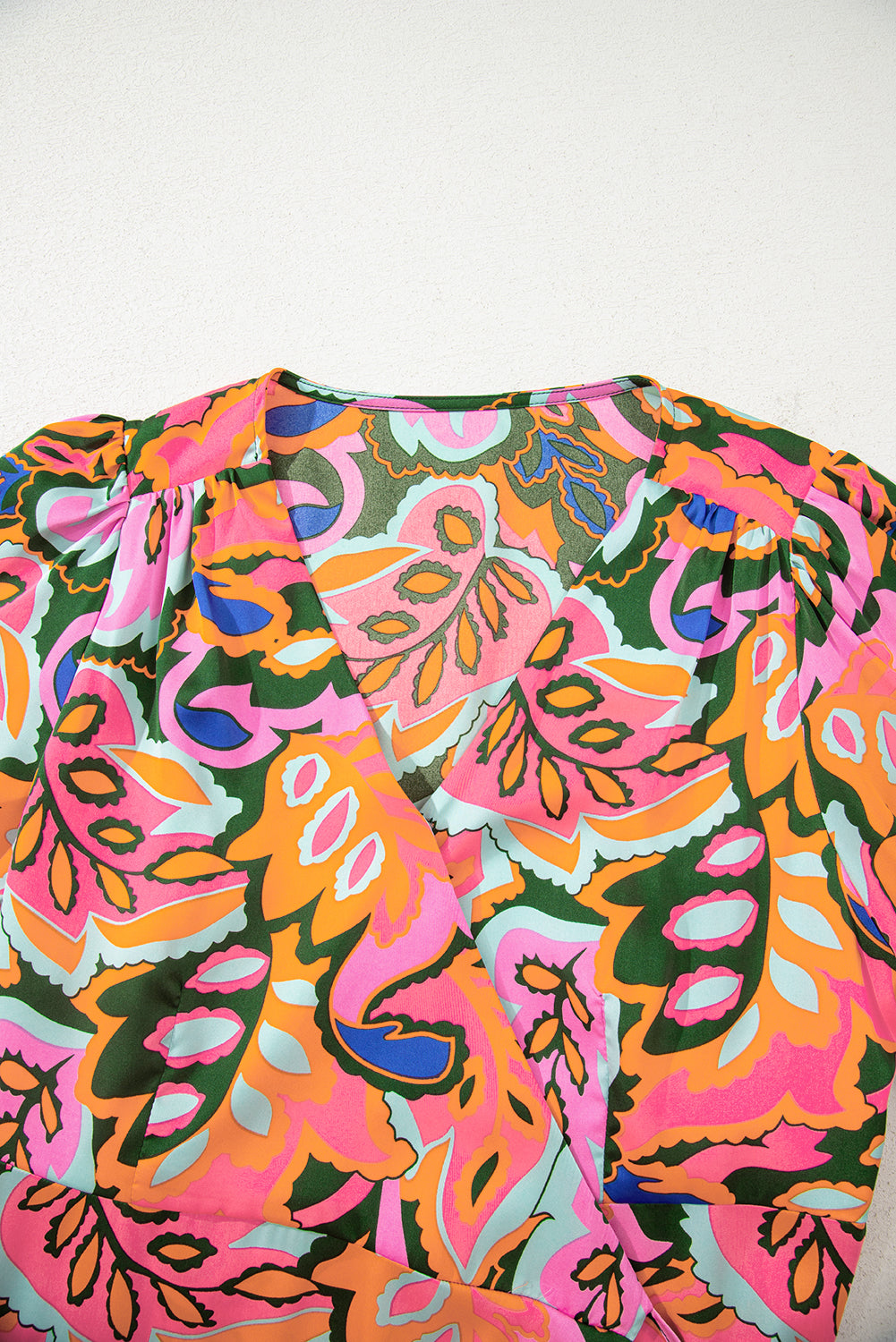 Rose Plant Print Surpliced V Neck Ruffled Asymmetric Slit Wide Short Sleeve Maxi Dress